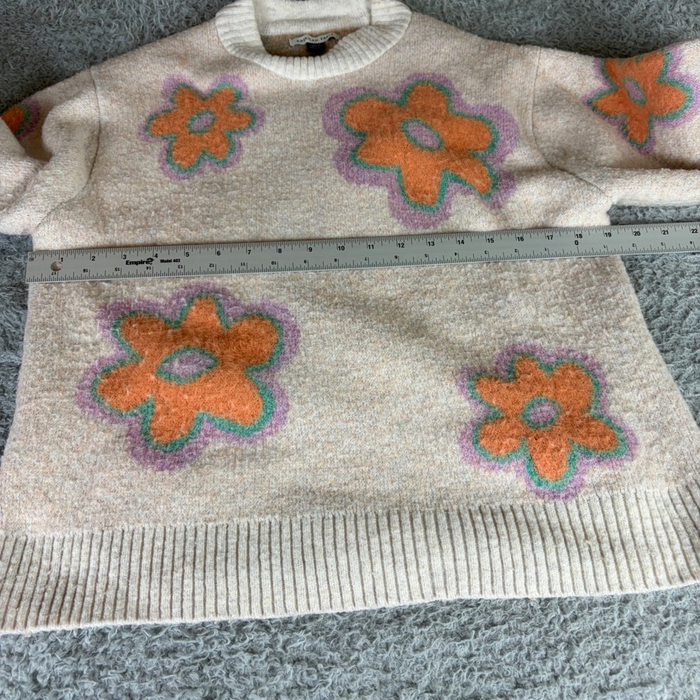 American Eagle Floral Intarsia Crewneck Sweater Oatmeal Orange Small - Picture 4 of 9